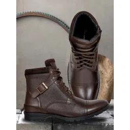 Allen Cooper Men Brown Textured Leather High-Top Flat Boots