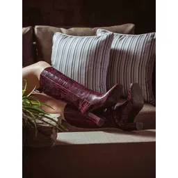 Saint G Women Burgundy Textured Leather Block Heeled Boots