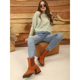 Saint G Tan Brown Suede Party High-Ankle Block Heeled Boots