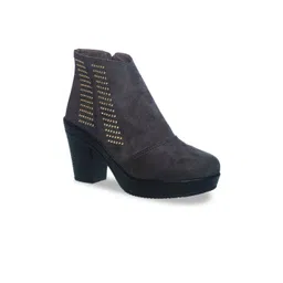Khadims Women Grey Solid Velvet Heeled Boots