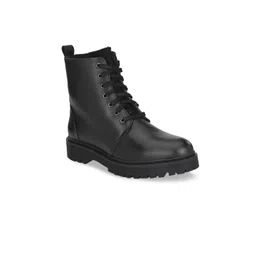 Delize Women Black Solid Leather High-Top Flat Boots