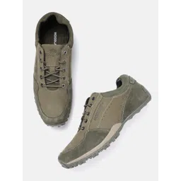 Woodland Men Olive Green Solid Leather Driving Sneakers with Perforated Detail