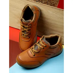 Red Chief Men Tan Brown Solid Leather Mid-Top Sneakers