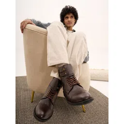 FAUSTO Men Round Toe Mid-Top Leather Winter Boots