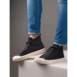 Styli Men Black Hi-Top Canvas Lace Up Sneakers