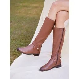 Saint G Women Tan Brown Leather Buckle Detail Long Boots