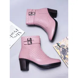 Try Me Women Textured Dual Buckle Straps Block-Heeled Regular Boots