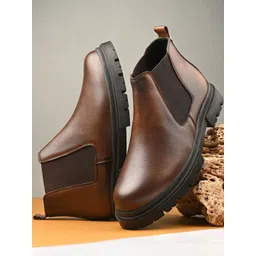 Roadster Men Tan High Top Round Toe Block Heels Synthetic Leather Chelsea Boots