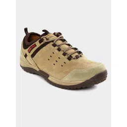 Woodland Men Olive Brown Solid Leather Sneakers with Cut work Detail