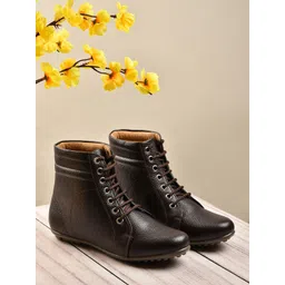 VALIOSAA Women Brown Textured Synthetic Regular Boots