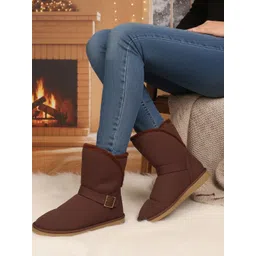 Carlton London Women Slip-On Mid-Top Winter Boots With Buckle Details