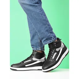 Roadster Men Black & White High-Top Solid With Design Stripes Sneakers