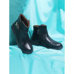 Padchin Women Monk Strap Block Heeled Zipper Closure Boots