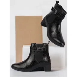 FAUSTO Women Textured Round Toe Block-Heeled Chelsea Boots