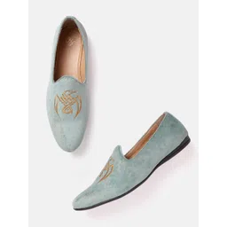 House of Pataudi Men Mint Green & Beige Embroidered Handcrafted Slip-Ons
