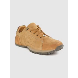 Woodland Men Camel Brown Solid Leather Sneakers with Perforated Detail