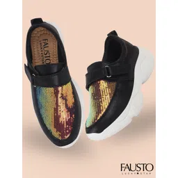 FAUSTO Women Black Embellished PU Slip-On Sneakers