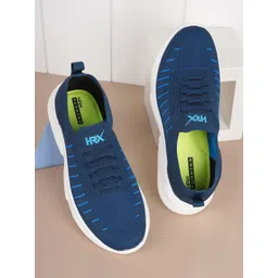 HRX by Hrithik Roshan Men Teal Blue Striped Contrast Sole Slip On Sneakers