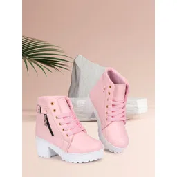 TWIN TOES Pink & White Platform Heeled Boots with Laser Cuts