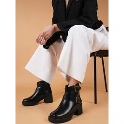 DROP BOLD Women Square Toe Mid-Top Platform-Heeled Chelsea Boots With Buckle Detailed