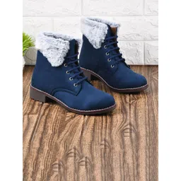 Try Me Women Faux Fur Trim Block-Heeled Regular Boots