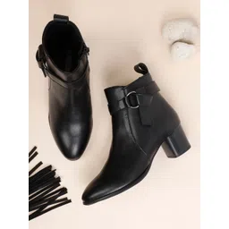 ELLE Women Black Solid Leather Ankle Boots