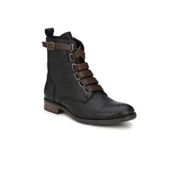 Delize Men Black Solid Leather Flat Boots