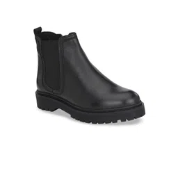 Delize Women Black Solid Leather Mid-Top Flat Boots