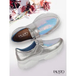FAUSTO Women Silver-Toned & Blue Woven Design Sneakers