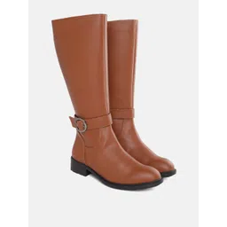 ELLE Women Tan Brown Solid High-Top Block Heel Regular Boots