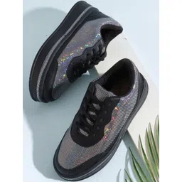 Denill Women Black Glitter Mesh Sneakers