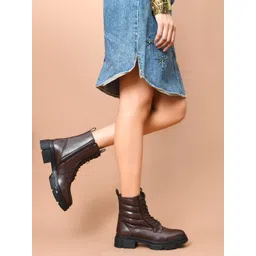 SHUZ TOUCH Women Textured Block-Heeled Combat Boots