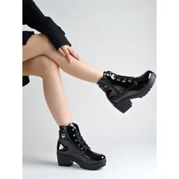 SZN Women Patent Leather Block-Heel High-Top Winter Boots