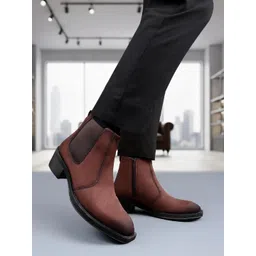 Bxxy Men Round Toe Elevator Block Heel Slip-on Regular Boots