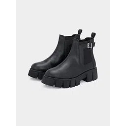 ADORLY Chelsea Black Women Block Mid- Top Boots With Buckel