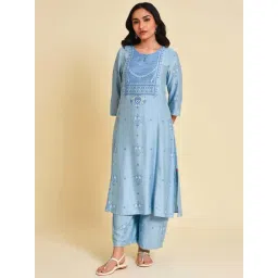 W Women Blue Floral Print Rayon Co-Ord Kurta Set With Parallel Pant