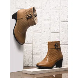 Try Me Women Textured Dual Buckle Straps Block-Heeled Regular Boots