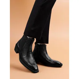 Bxxy Men Textured Square toe Mid-Top Heel Height Increasing Chelsea Boots