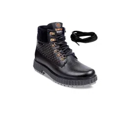 bacca bucci Men Black Solid Leather High-Top Flat Leather Boots