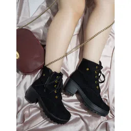 Shoetopia Black Suede High-Top Block Heeled Boots