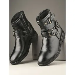 Roadster Women Black Round Toe High Ankle Zipper Synthetic Leather Biker Boots