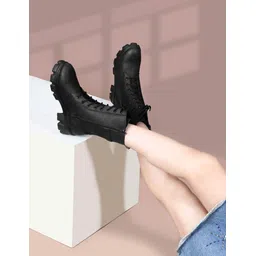 Padchin Womens's Ankle-Length Lace-Up Black Boots with Block Heel Boots For Women