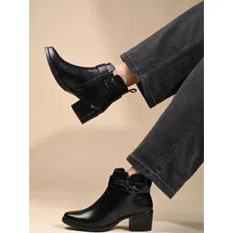 LOUIS STITCH Women's Black Elegant Mid-Top Double Buckle Slip-On Chelsea Boots