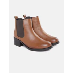 ELLE Women Tan Brown Solid Mid-Top Block Heel Chelsea Boots
