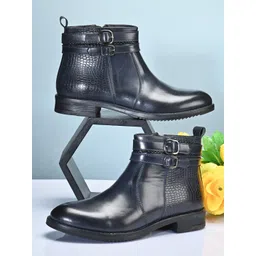 San Frissco Women Textured Buckle Detail Casual Monk Boots