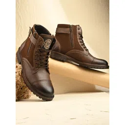 Roadster Men Brown High Top Round Toe Lace Up Synthetic Biker Rugged Boots