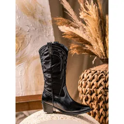 Saint G Black Stitched Leather Handcrafted High-Top Regular Cowboy Boots