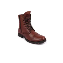 FAUSTO Men Tan Brown Solid Leather Heeled Biker Boots