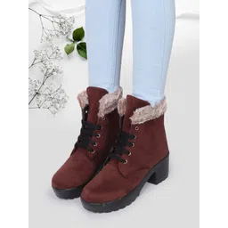FEET RUNNER Women Faux Fur Trim Heeled Mid-Top Winter Boots