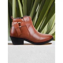 Mochi Tan Block Heeled Boots with Buckles